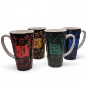 Set of 4 Riviera Van Beers Rush Hour Mugs 18oz Tall Black Stoneware Bistro Retro